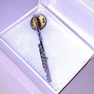 Flute Lapel Pin Silver Tone With Box